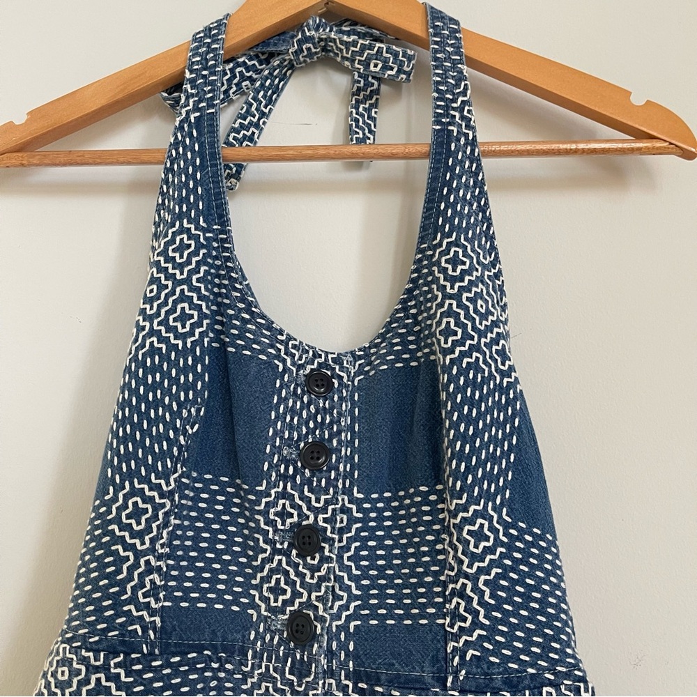 Madewell embroidered denim maxi dress with adjustable halter neck tie size xs